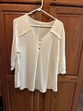 Fair Haven women’s Ivory V-Neck Blouse with Pintuck Shoulders and Button Front s
